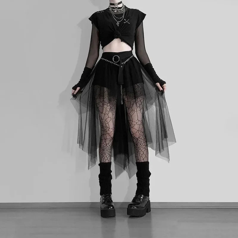 Layered Mesh Tulle Mini Skirt Irregular Gothic Alternative Fashion Bottom
