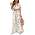 Floral Print A-Line Maxi Dress with Belt and Short Sleeves