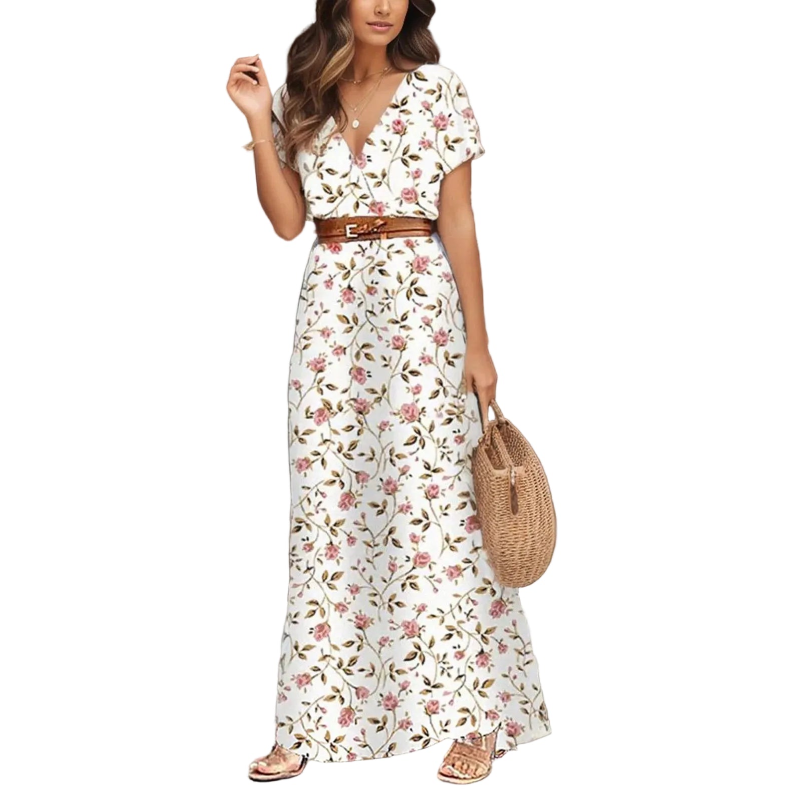 Floral Print A-Line Maxi Dress with Belt and Short Sleeves