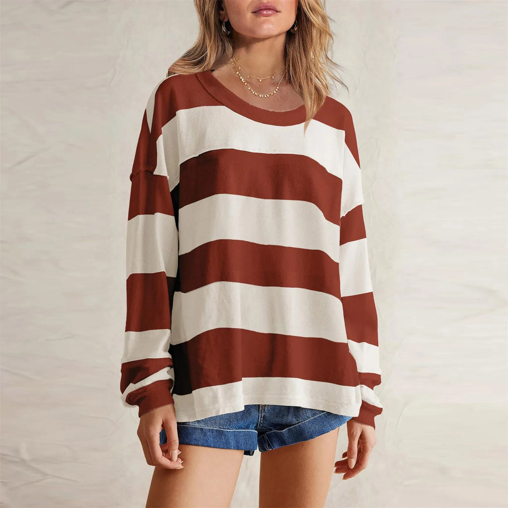 Women's Relaxed Striped Knit Pullover with Long Sleeves for Casual Everyday Streetwear Style