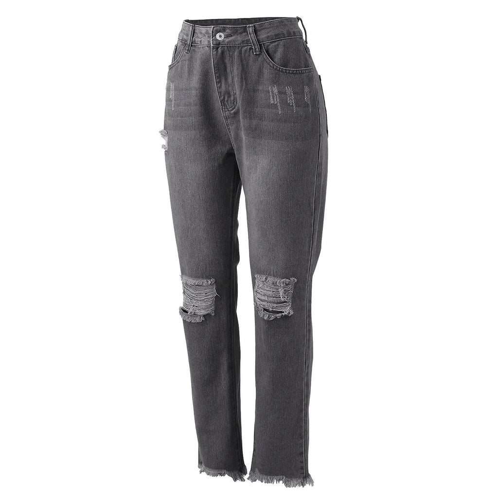 Women's Distressed Slim Straight Denim Jeans with Frayed Knee Details and Casual Streetwear Style