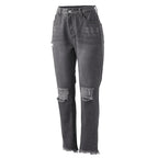 Women's Distressed Slim Straight Denim Jeans with Frayed Knee Details and Casual Streetwear Style