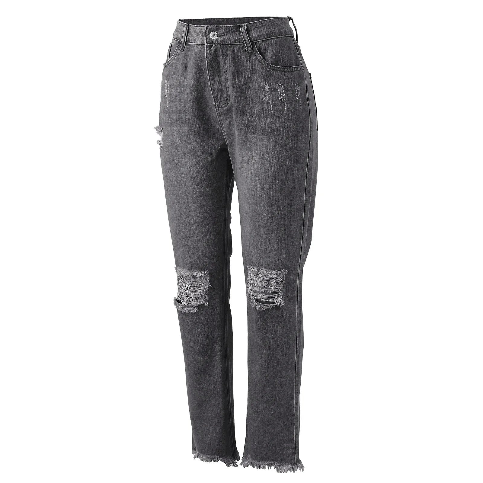 Women's Distressed Slim Straight Denim Jeans with Frayed Knee Details and Casual Streetwear Style