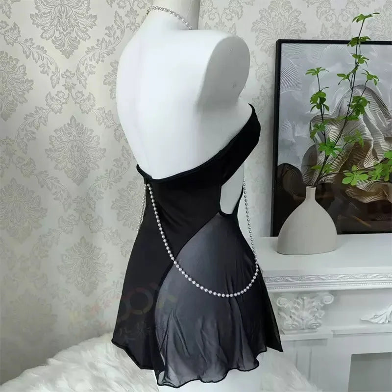 Daring Black Sheer Mini Dress with Open Bodice and Decorative Chain Details