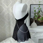 Daring Black Sheer Mini Dress with Open Bodice and Decorative Chain Details