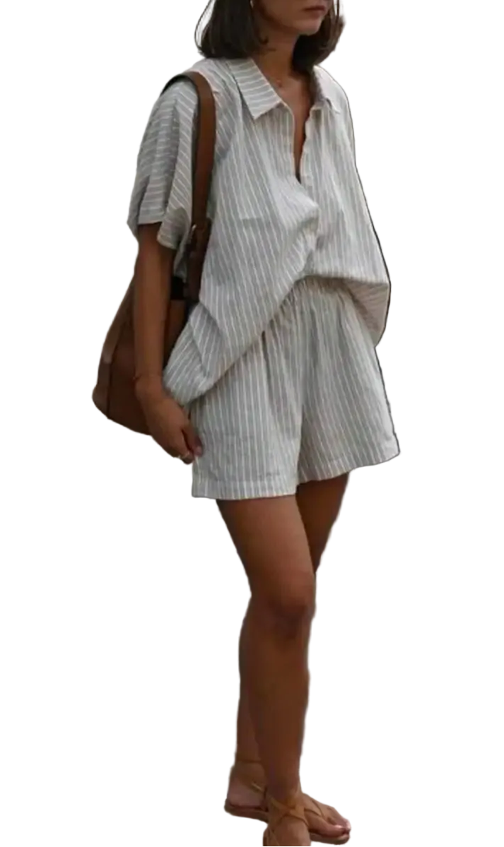 Striped Button Front Shirt and Shorts Summer Co-Ord Set for Women