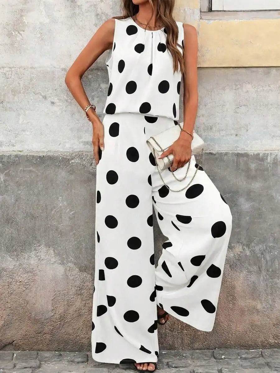 Women's Polka Dot Sleeveless Top and Wide Leg Pants Co-Ord Set