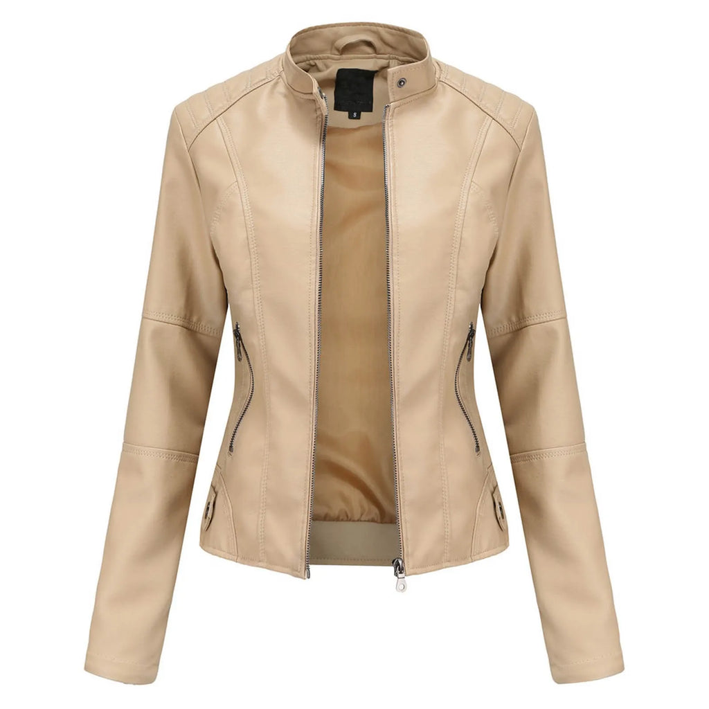 Women's Minimalist Faux Leather Zip Jacket with Stand Collar Contemporary Streetwear Style