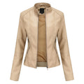 Women's Minimalist Faux Leather Zip Jacket with Stand Collar Contemporary Streetwear Style