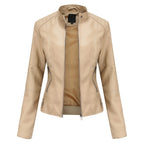 Women's Minimalist Faux Leather Zip Jacket with Stand Collar Contemporary Streetwear Style