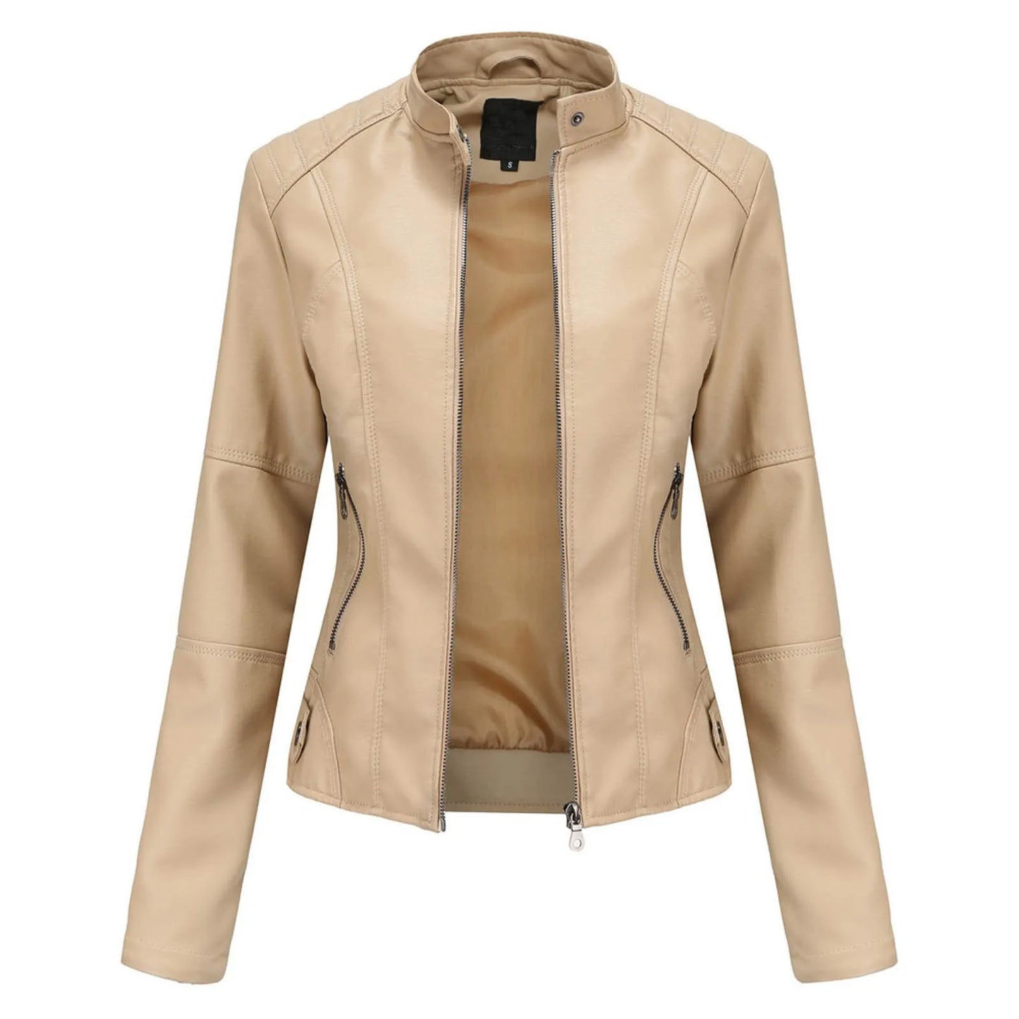 Women's Minimalist Faux Leather Zip Jacket with Stand Collar Contemporary Streetwear Style