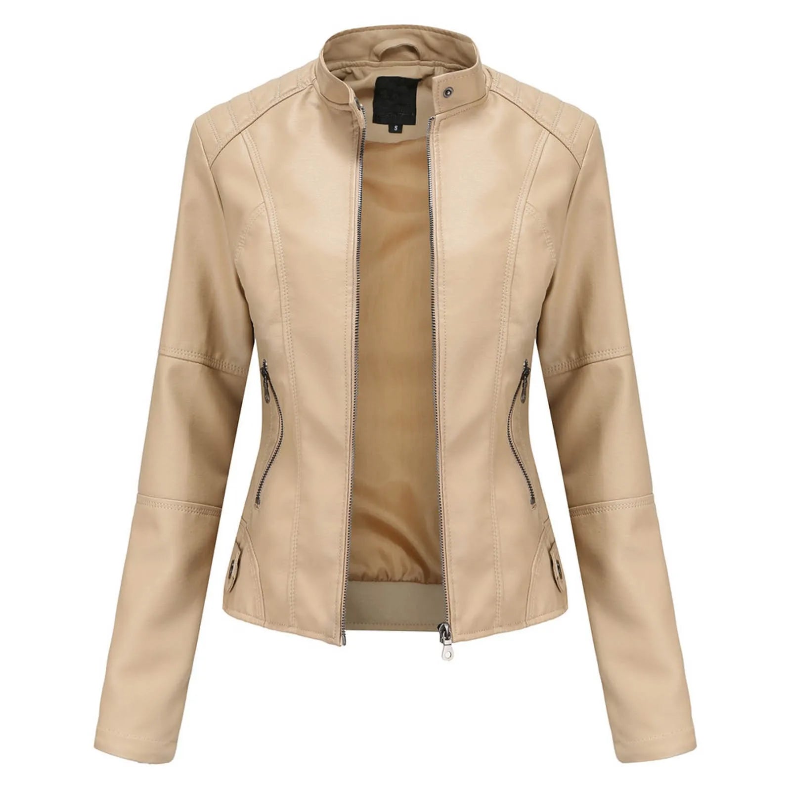 Women's Minimalist Faux Leather Zip Jacket with Stand Collar Contemporary Streetwear Style