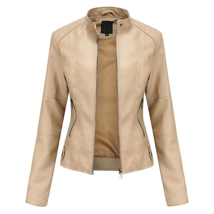 Women's Minimalist Faux Leather Zip Jacket with Stand Collar Contemporary Streetwear Style