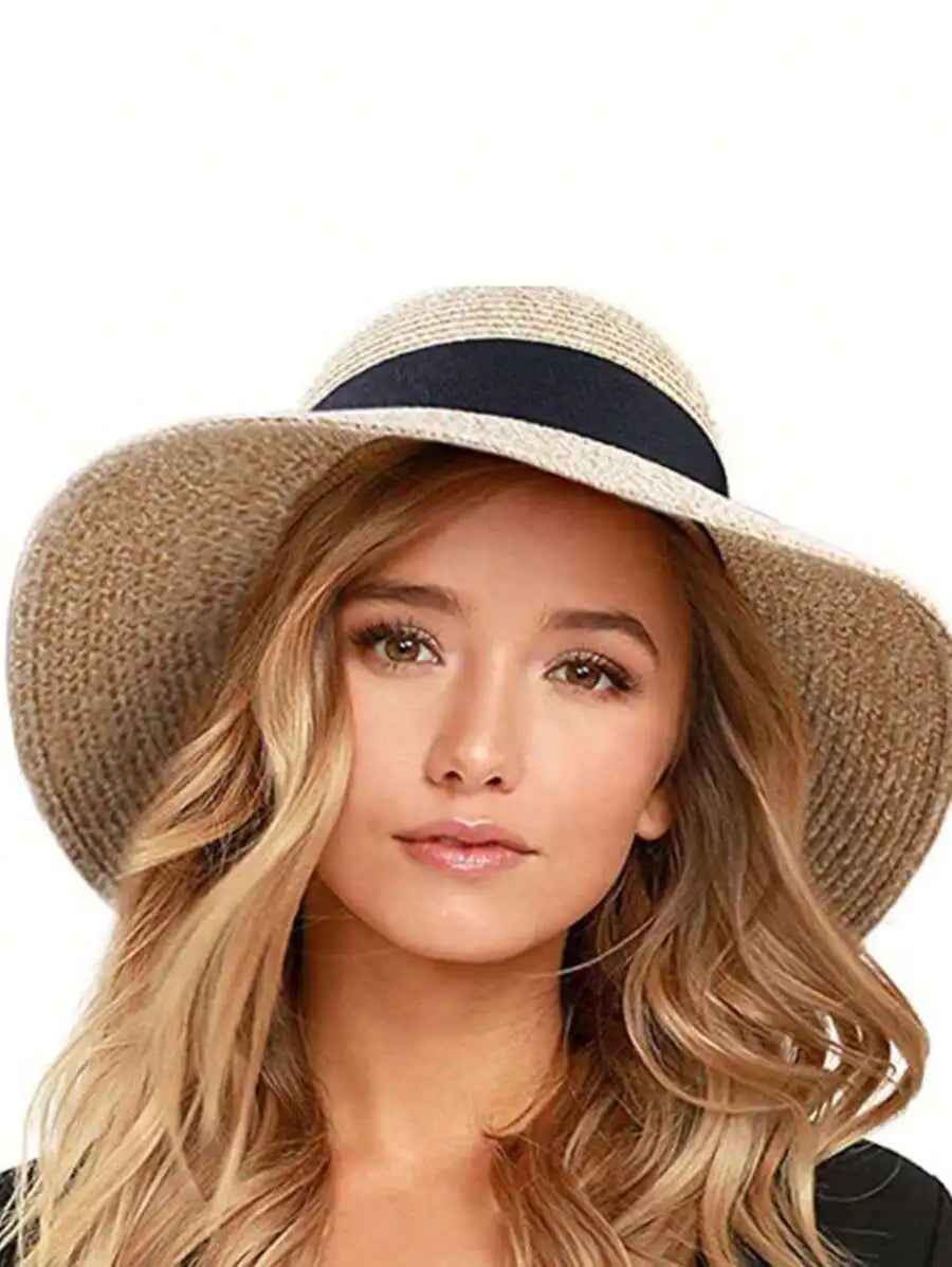 Foldable Wide Brim Straw Sun Hat with Decorative Bow for Beach and Vacation Wear