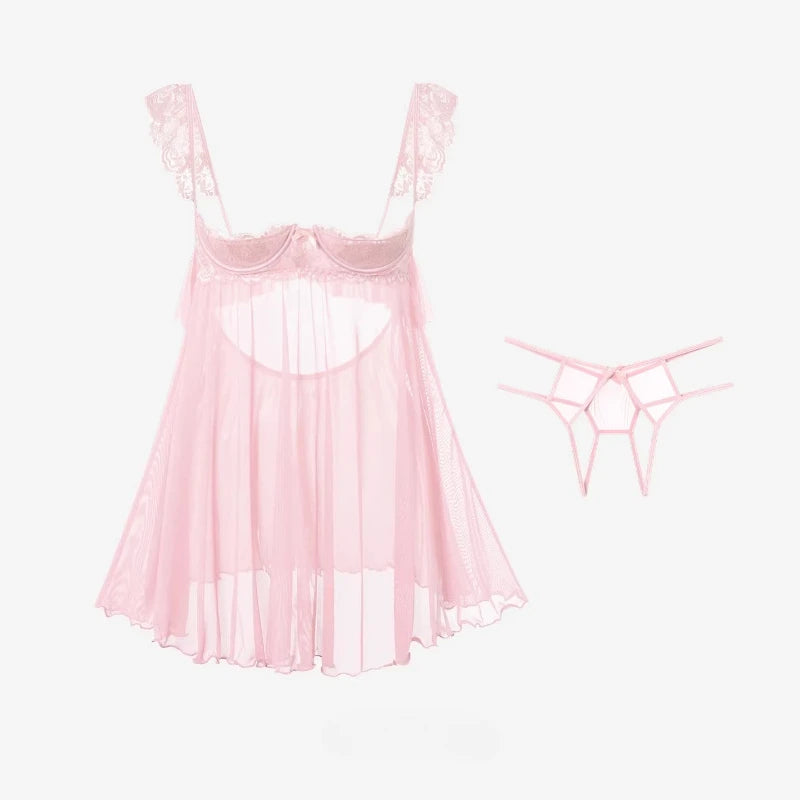Ethereal Pink Sheer Mesh Babydoll with Ruffled Straps and Open Back