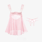 Ethereal Pink Sheer Mesh Babydoll with Ruffled Straps and Open Back