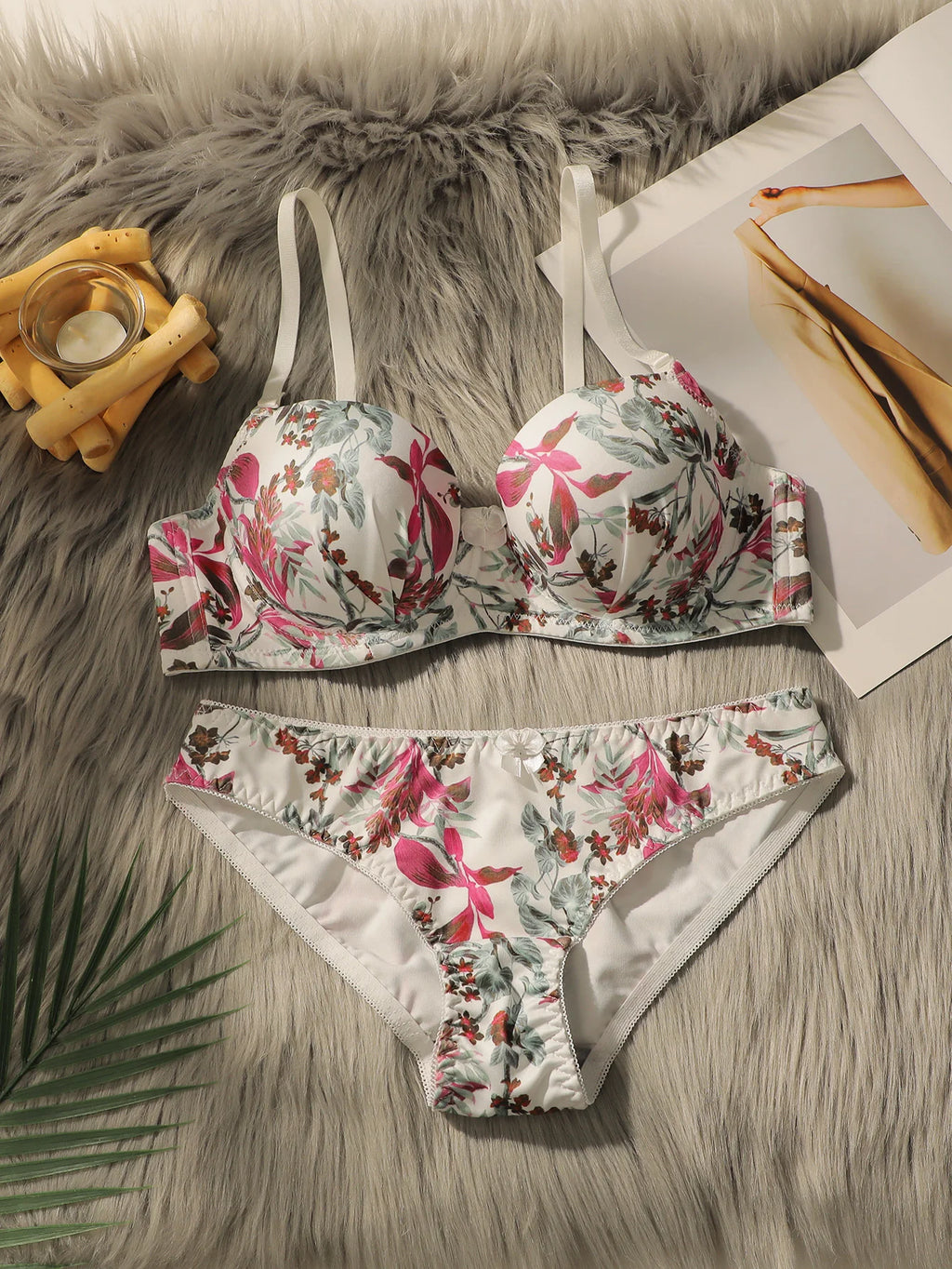 Vintage Botanical Floral Print Push-Up Bra and Brief Set
