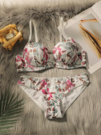Vintage Botanical Floral Print Push-Up Bra and Brief Set