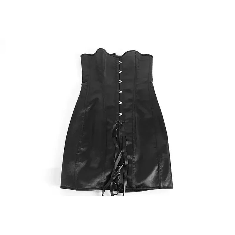 Sleek Black Satin Long-Torso Corset Dress with Front Busk and Lace-Up Detail
