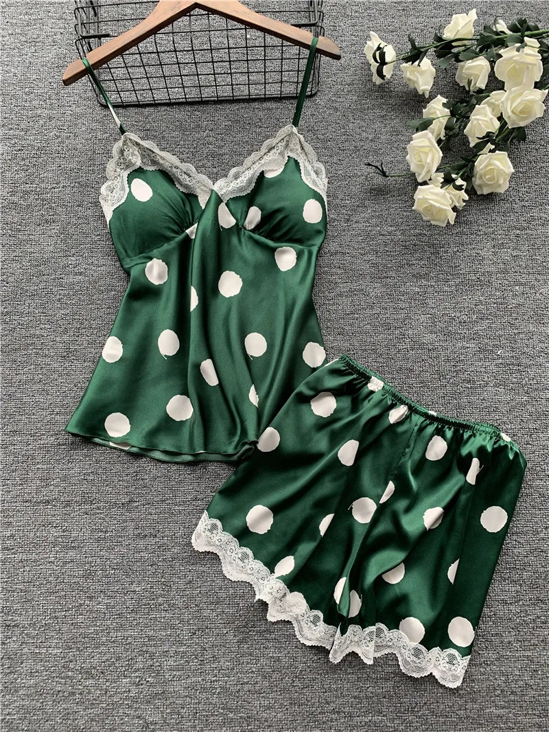 Classic Monochrome Polka Dot Camisole Sleep Set with Scalloped Lace Edge