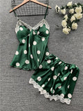 Classic Monochrome Polka Dot Camisole Sleep Set with Scalloped Lace Edge