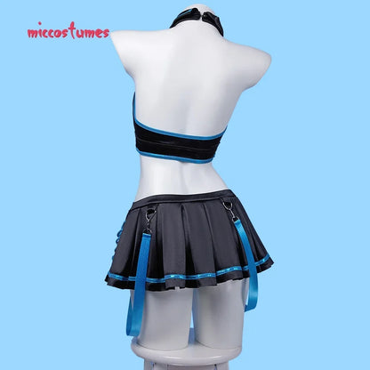 Women's Two-Piece Halter Bikini Set with Pleated Mini Skirt and Detachable Arm Sleeves