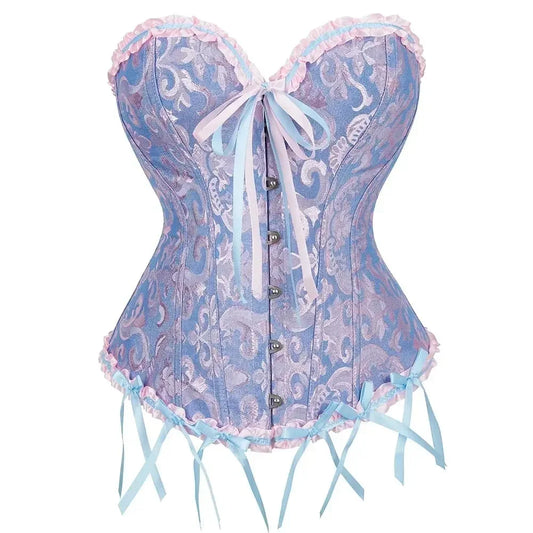 Floral Jacquard Overbust Corset with Sweetheart Neckline and Busk Closure