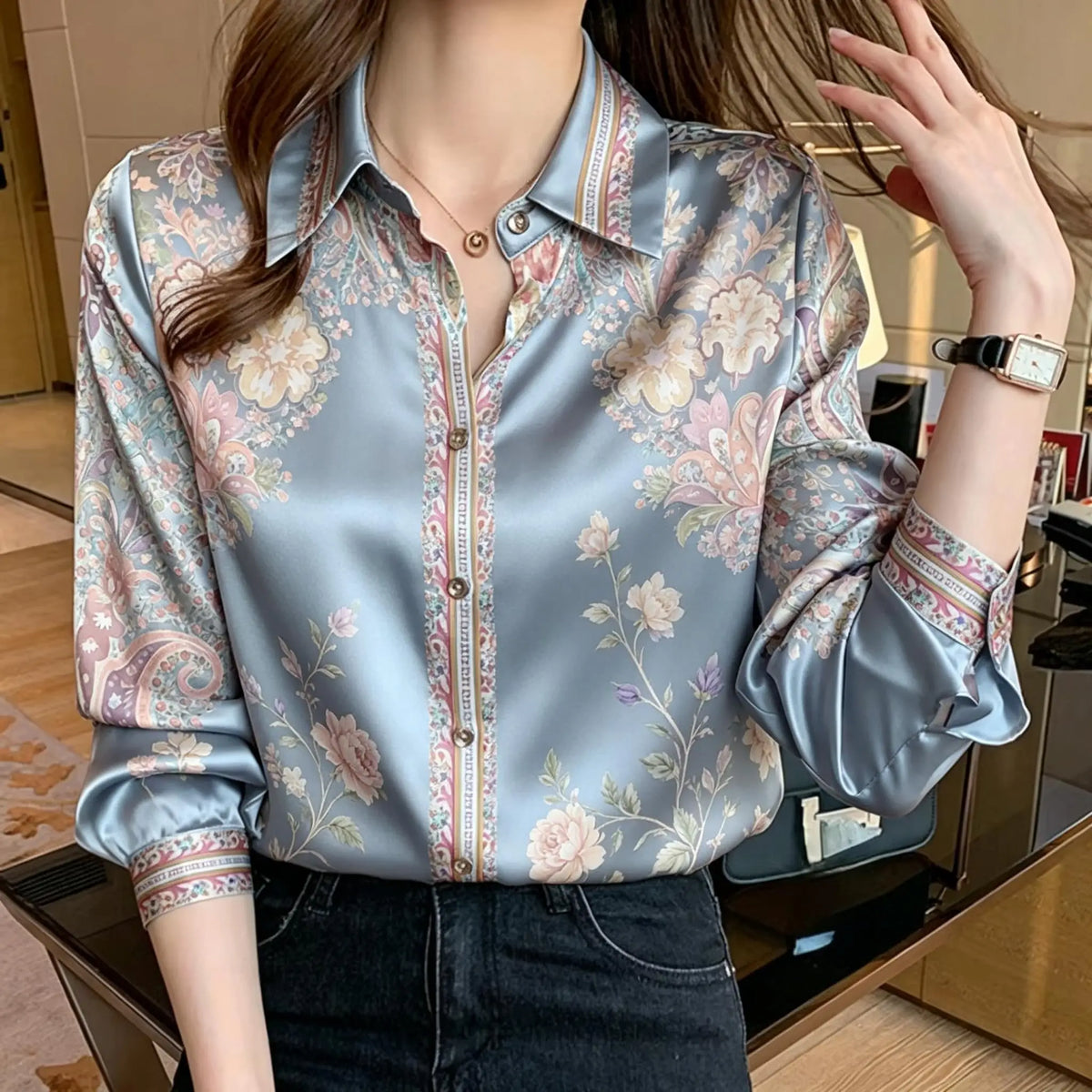 Elegant Satin-Finish Button-Down Blouse with Vintage Paisley Border Print