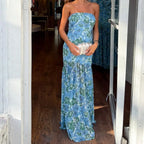 Strapless Floral Long Dress with Flowing A-Line Contemporary Silhouette