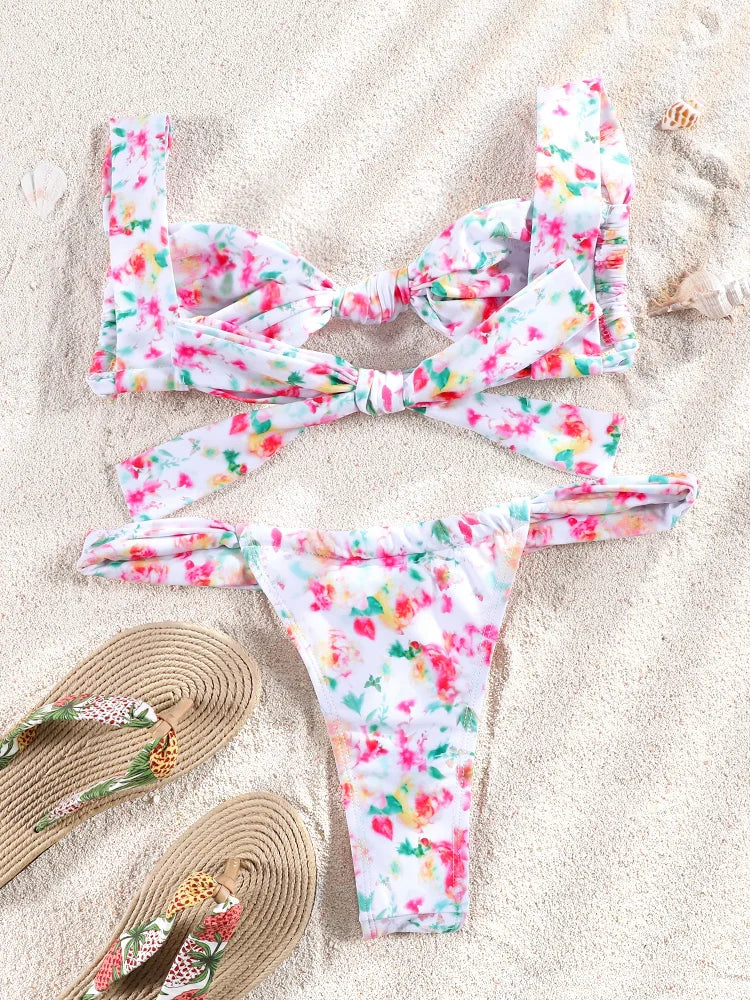 Vibrant Floral Knotted Bralette Bikini Set with Double-Strap Bottoms