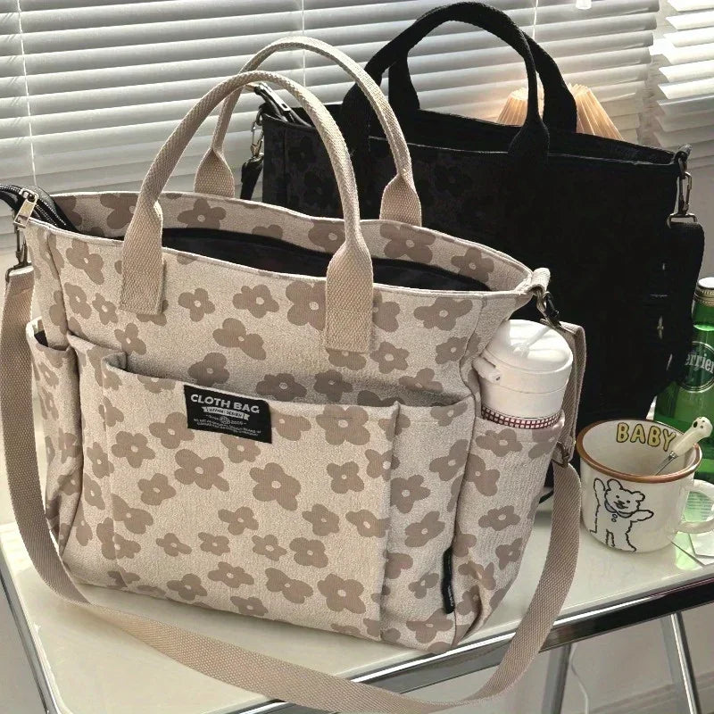 Textured Floral Pattern Utility Tote Bag with Multi Pocket Storage