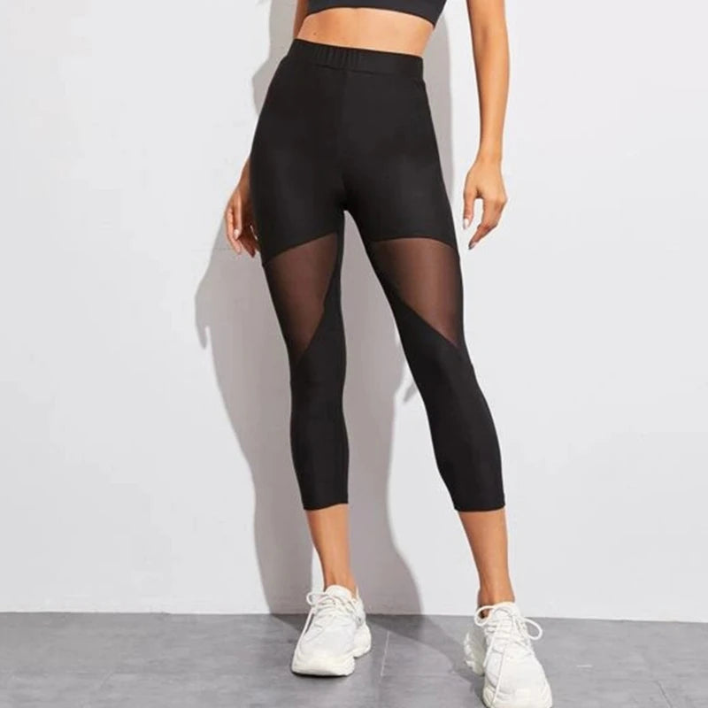 Mesh Panel Calf Length Leggings High Waist Active Alternative Fashion Bottoms