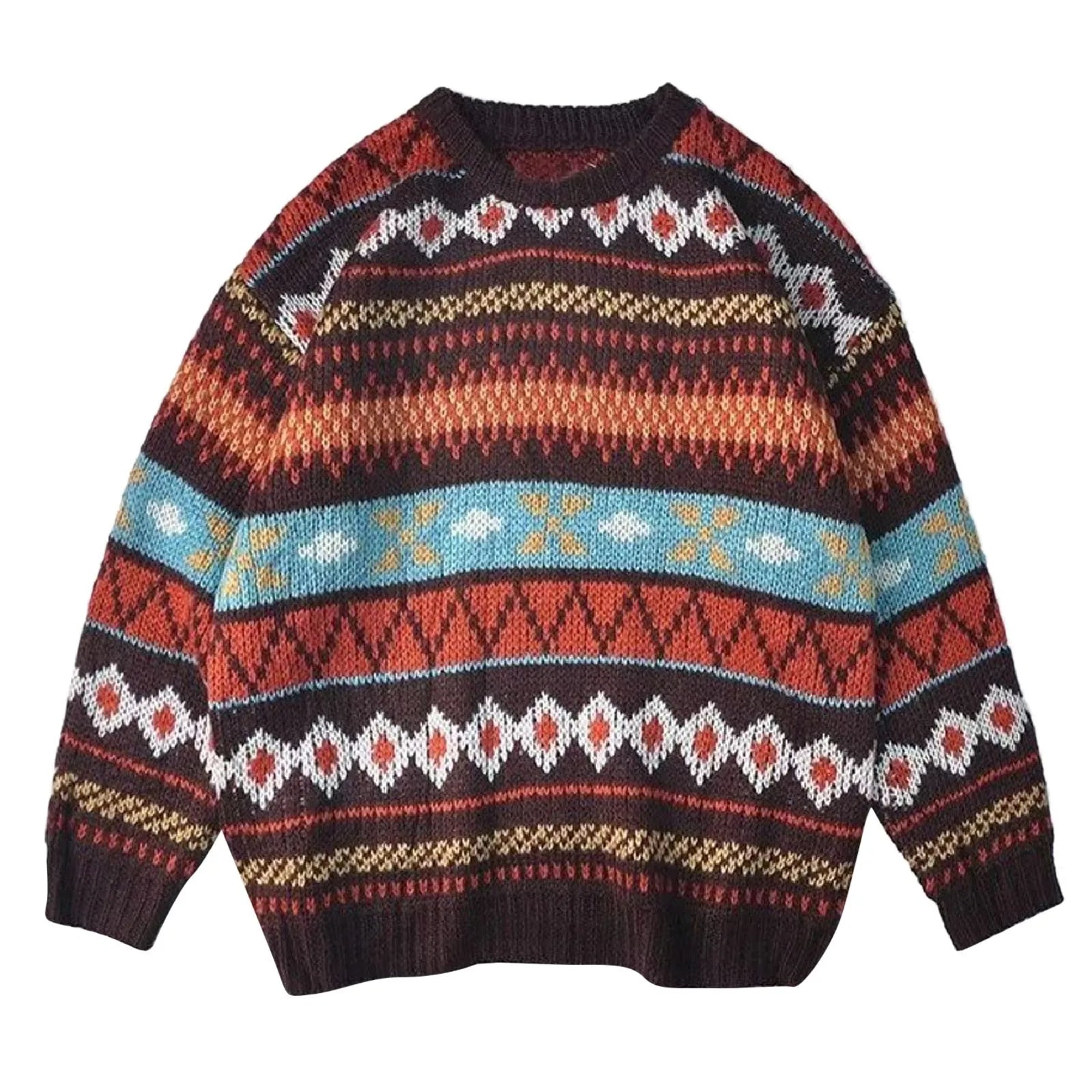 Men's Oversized Retro Pattern Knit Streetwear Pullover Sweater Casual Style