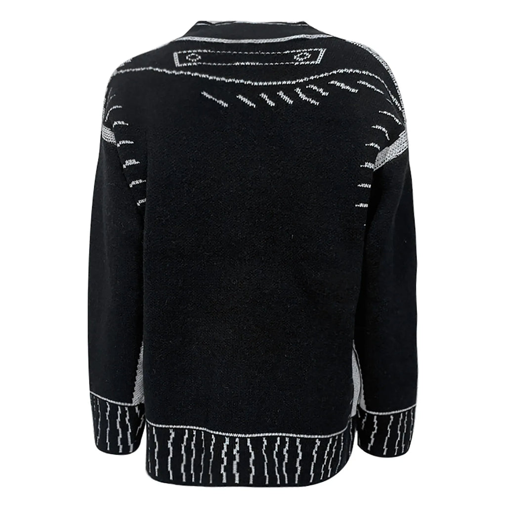 Women's Graphic Trim Knit Cardigan with Oversized Dropped Shoulder Silhouette
