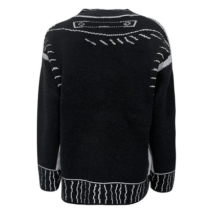 Women's Graphic Trim Knit Cardigan with Oversized Dropped Shoulder Silhouette