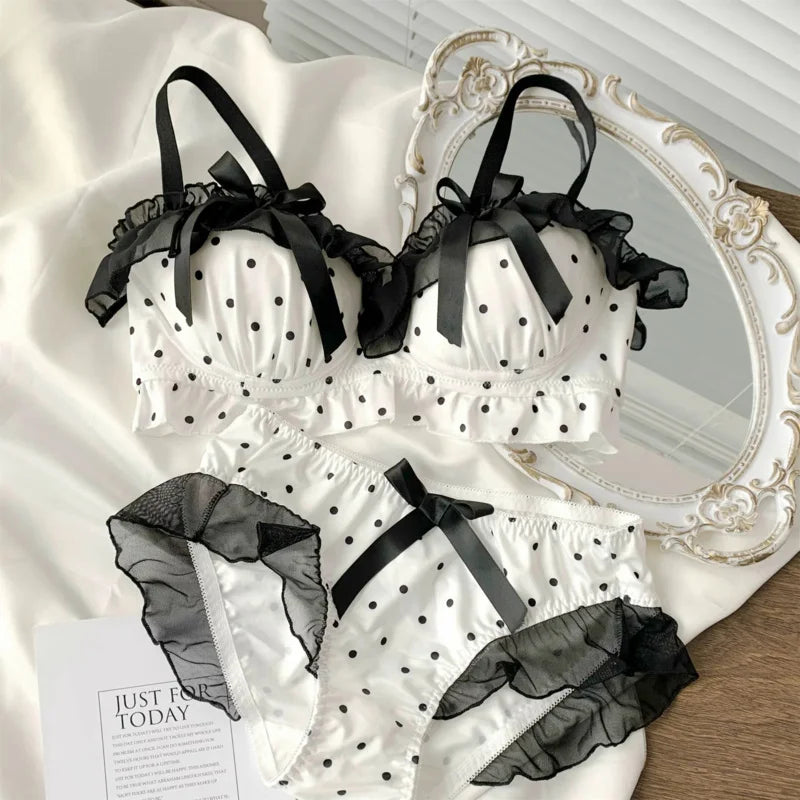 Playful Black and White Polka Dot Wire-Free Ruffled Bra Set