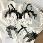 Playful Black and White Polka Dot Wire-Free Ruffled Bra Set