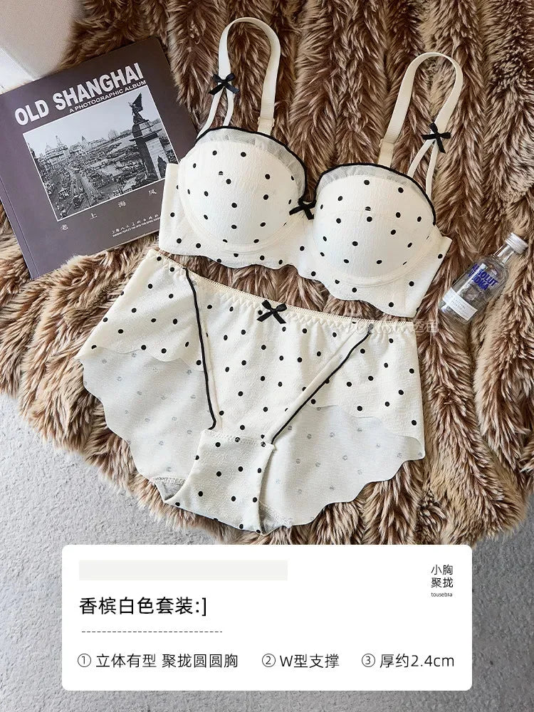 Graphic Dot Print Demi Bra and Matching Contrast-Trim Panty Set