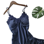 Elegant Navy Blue Satin-Finish Camisole and Shorts Set with Floral Lace Appliqué
