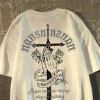 Oversized Gothic Crest Graphic Cotton T-Shirt with Vintage Streetwear Artwork