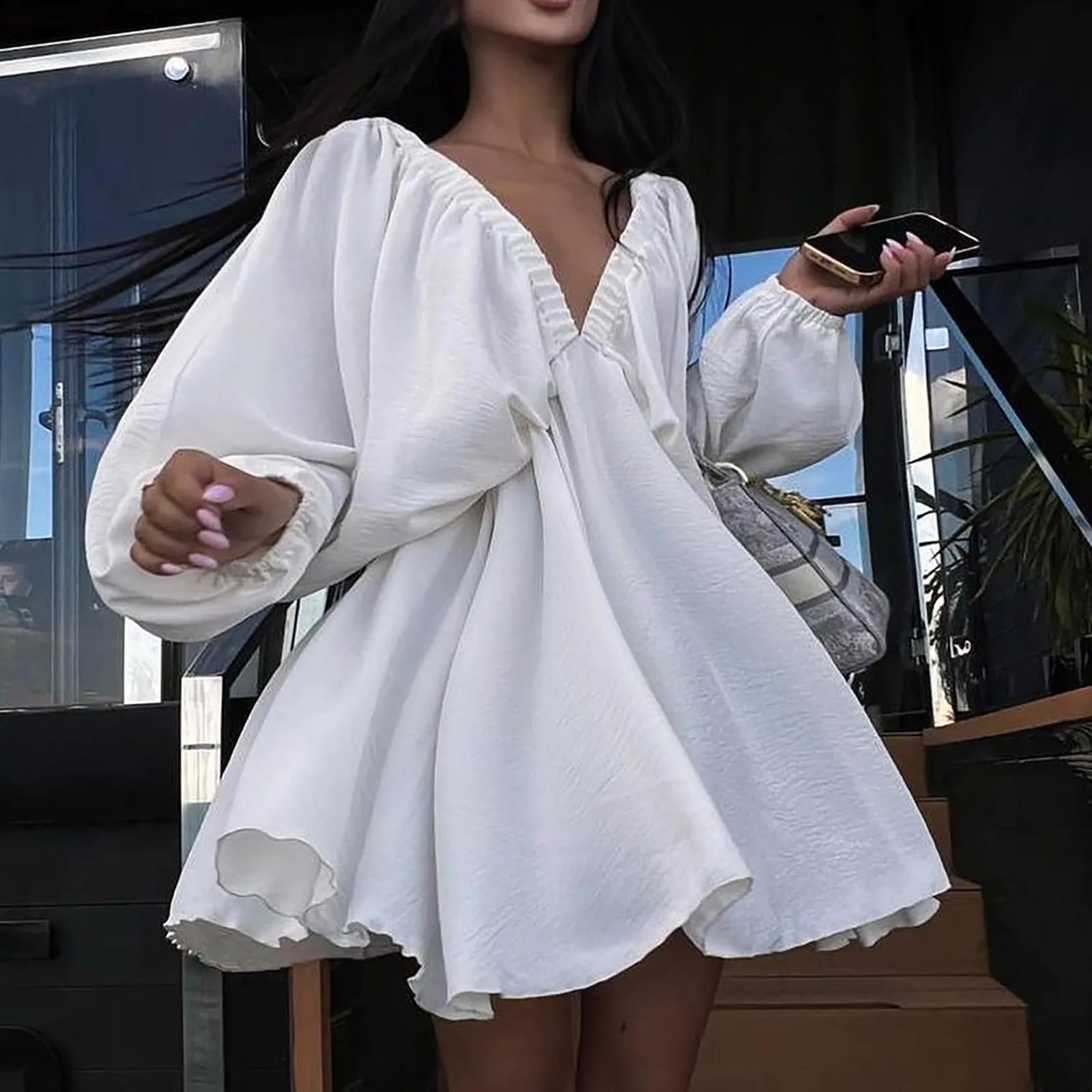 Deep V Neck Pleated Maxi Dress with Flowing Long Sleeves