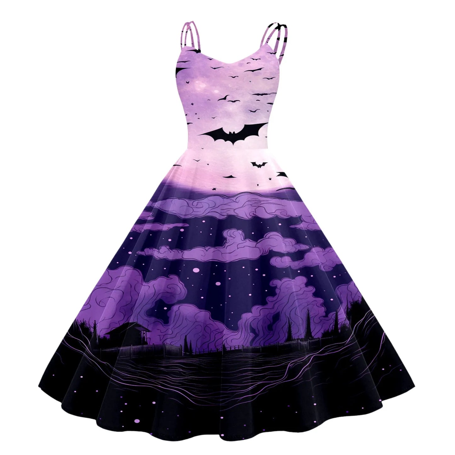 Whimsical Gothic Halloween Inspired Flare Dress with Vintage Charm