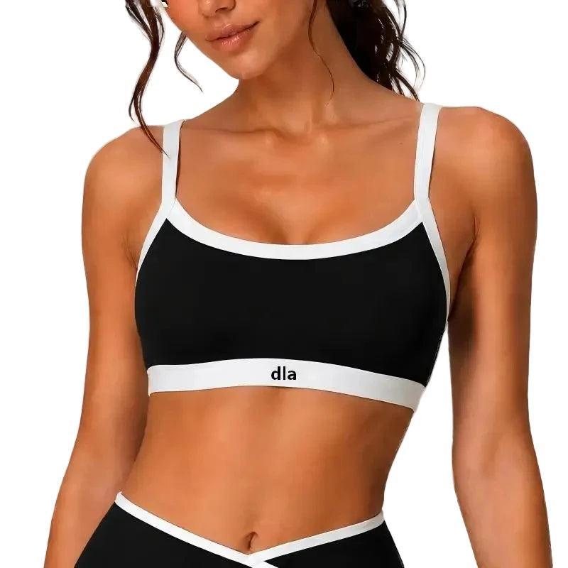 Black Contrast-Trim Scoop Neck Sports Bra with Athletic Underband