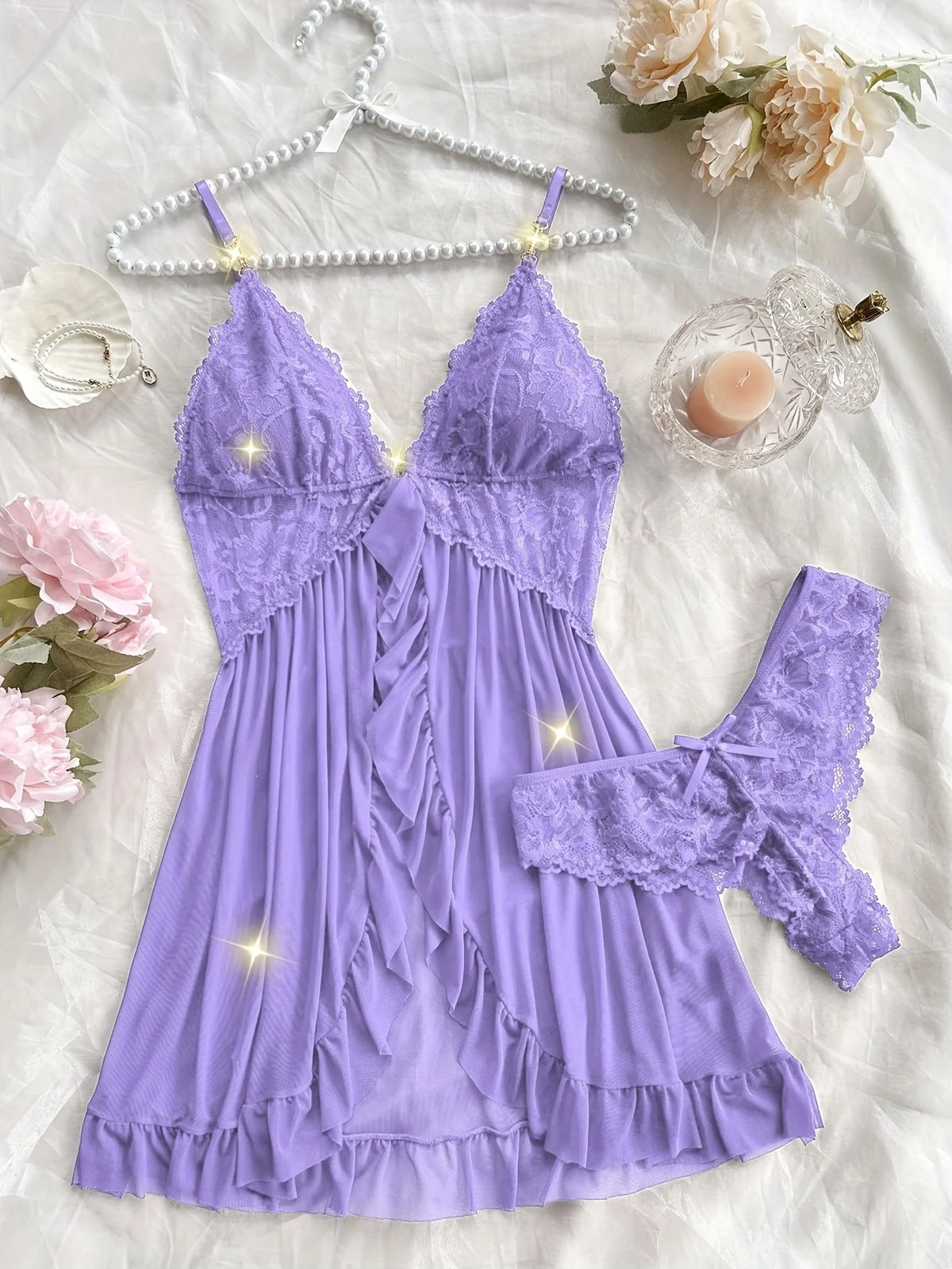 Lace Camisole and Shorts Pajama Set with V-Neckline, Bow Detail, Delicate Lace Trim and Ruffled Hem