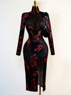 Dragon Embroidered Mesh Cutout Gothic Alternative Crop Top