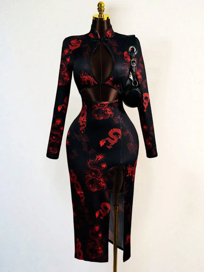 Dragon Embroidered Mesh Cutout Gothic Alternative Crop Top