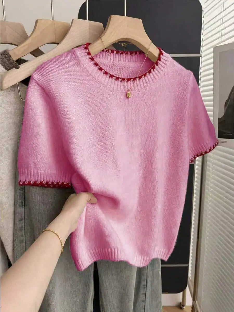 Women's Contrast Trim Short Sleeve Knit Sweater with Relaxed Retro Cropped Silhouette