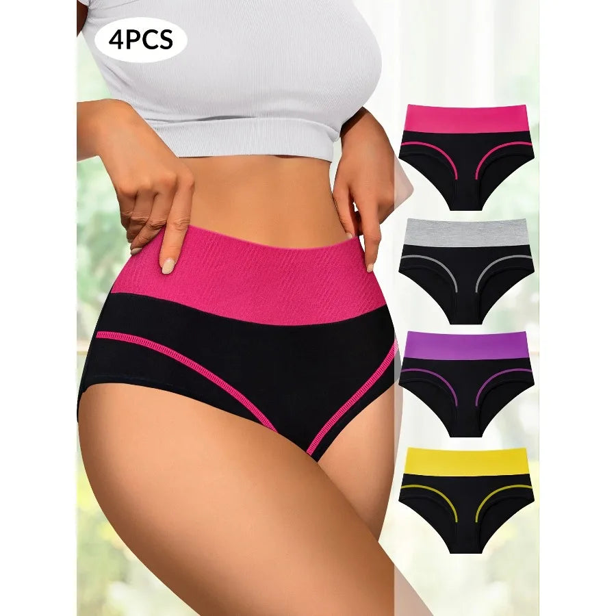 4-Piece Women’s High-Waisted Briefs Set with Contrast Waistbands, Full-Coverage Silhouette and Assorted Colors