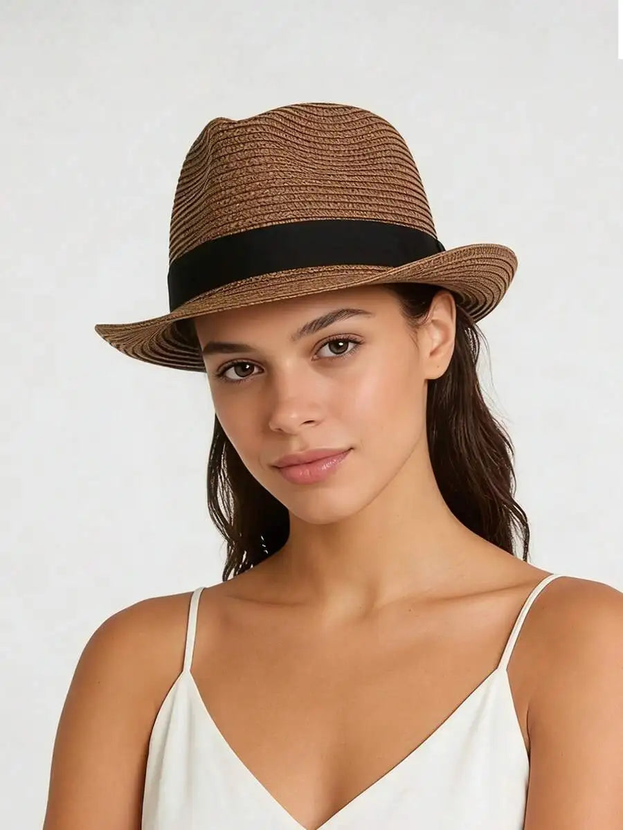 Unisex Woven Straw Fedora Sun Hat with Decorative Band for Casual Summer Outdoor Style