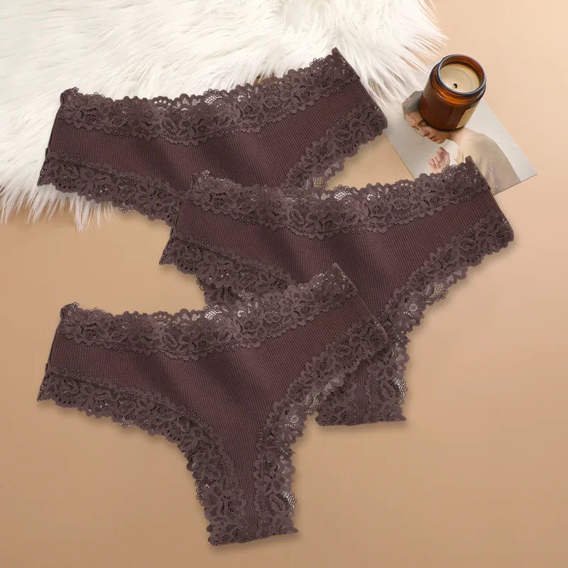 Three-Piece Ribbed Cotton-Blend Bikini Panty Set with Scalloped Lace Trim
